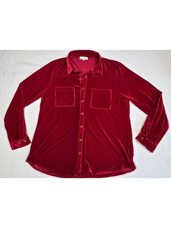 Umgee Tops - Umgee Womens Red Velvet Button-Up Shirt 1XL Long Sleeve Collar Pockets